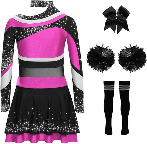 Kids Girls Cheer Leader Uniform Cheerleading Outfit Halloween Cheer Dance Top Skirt Set with Pom Poms Hot Pink Black 6 Years in Saudi Arabia