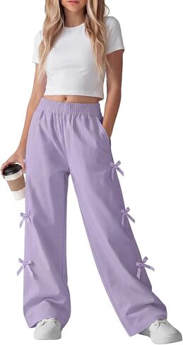 Girls Track Pants Teen Waterproof Parachute Pants Kids Cargo Hiking Cute Y2K Lightweight Trousers with Bow in Kuwait