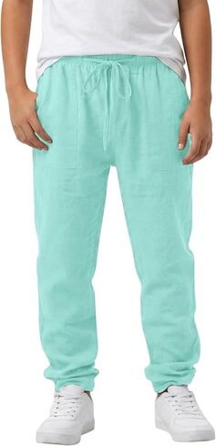 Cotton Linen Pants Boys Elastic Waist Casual Loose Lightweight Summer Beach Yoga Trousers Kids School Uniform Pants in Kuwait
