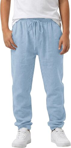 Cotton Linen Pants Boys Elastic Waist Casual Loose Lightweight Summer Beach Yoga Trousers Kids School Uniform Pants in Kuwait