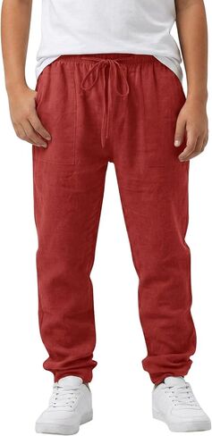Cotton Linen Pants Boys Elastic Waist Casual Loose Lightweight Summer Beach Yoga Trousers Kids School Uniform Pants in Kuwait