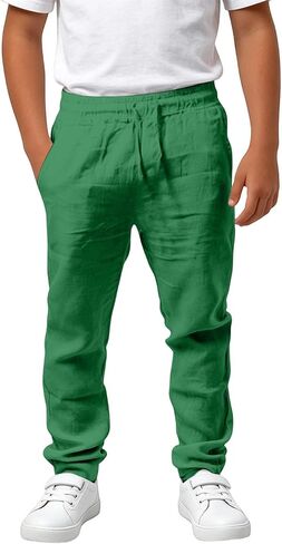 Cotton Linen Pants Boys Elastic Waist Casual Loose Lightweight Summer Beach Yoga Trousers Kids School Uniform Pants in Kuwait