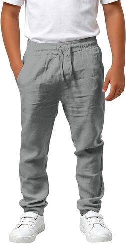 Cotton Linen Pants Boys Elastic Waist Casual Loose Lightweight Summer Beach Yoga Trousers Kids School Uniform Pants in Kuwait