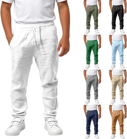 Cotton Linen Pants Boys Elastic Waist Casual Loose Lightweight Summer Beach Yoga Trousers Kids School Uniform Pants in Kuwait