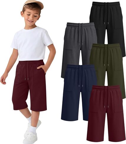 Halfchet 5 Pack Boys' Capri Pants Straight Leg Below Knee Shorts Drawstring Elastic Waist Casual 3/4 Sweatpants with Pockets in Kuwait