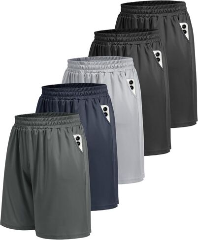 BOOJO 5 Pack Athletic Gym Mens Shorts - Workout Black Quick Dry Basketball Shorts with Pockets for Running Casual Activewear in Kuwait