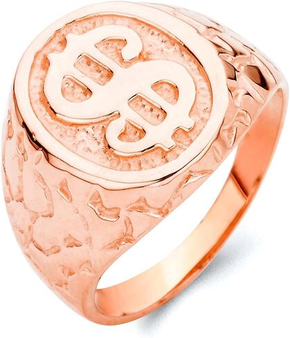 Gold Nugget Dollar Sign Money Signet Ring | 10K or 14K Yellow, Rose or White Gold | Available in Sizes 6-16 in Kuwait