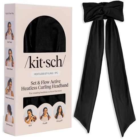 Kitsch Set & Flow Active Heatless Curling Headband For Women – Achieves Heatless Curls Overnight, No Heat Damage | Heatless Curlers with Flexible Fit | Great During Gym Sessions, Travel - Black, 1pc in Kuwait