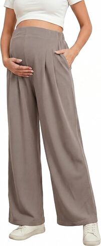 BLENCOT Women Maternity Pants Work Stretchy Wide Leg Trousers Baggy Pregnancy Joggers with Pockets in Kuwait