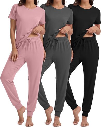 3 Pack Women 2 Piece Pajama Sets Crew Neck Short Sleeve Tops Jogger Pants Lounge Set Soft Sleepwear with Pockets in Kuwait