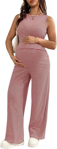 BLENCOT Maternity Clothes Striped Sleeveless Sets Casual 2 Piece Outfits | Soft, breathable knit for sleep and nightwear, relaxed home wear, lightweight summer outfit, vacation and photoshoot gift in Kuwait