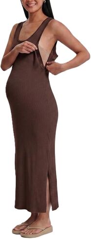 2026 Summer Maternity Dress Sleeveless Rib Knit Nursing Dress with Side Buttons–Nursing Friendly in Kuwait