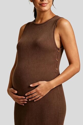 2026 Summer Maternity Dress Sleeveless Rib Knit Nursing Dress with Side Buttons–Nursing Friendly in Kuwait