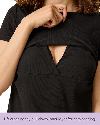 Kindred Bravely Essentials Ribbed Maternity Nursing Dress for Breastfeeding | Soft fitted short sleeve dress with hidden nursing access. Stretchy comfortable everyday style for pregnancy to postpartum in Kuwait