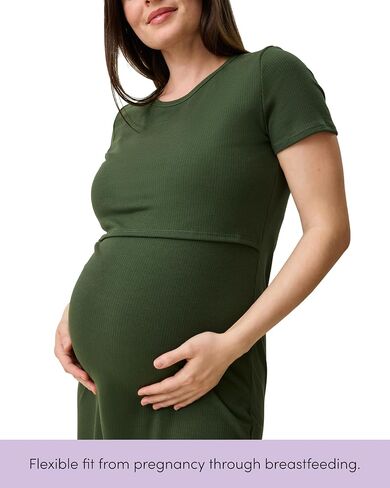 Kindred Bravely Essentials Ribbed Maternity Nursing Dress for Breastfeeding | Soft fitted short sleeve dress with hidden nursing access. Stretchy comfortable everyday style for pregnancy to postpartum in Kuwait