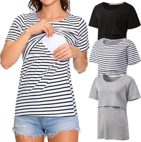 3 Pack Women's Nursing Tops, Breastfeeding Shirts Short Sleeve, Double Layer Maternity Clothes in Saudi Arabia