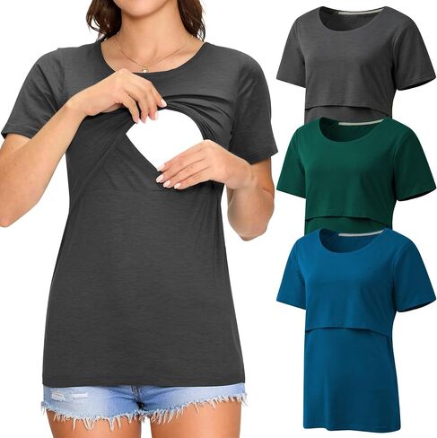 3 Pack Women's Nursing Tops, Breastfeeding Shirts Short Sleeve, Double Layer Maternity Clothes in Saudi Arabia