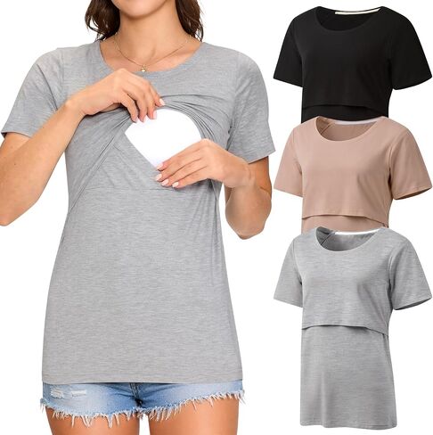 3 Pack Women's Nursing Tops, Breastfeeding Shirts Short Sleeve, Double Layer Maternity Clothes in Saudi Arabia