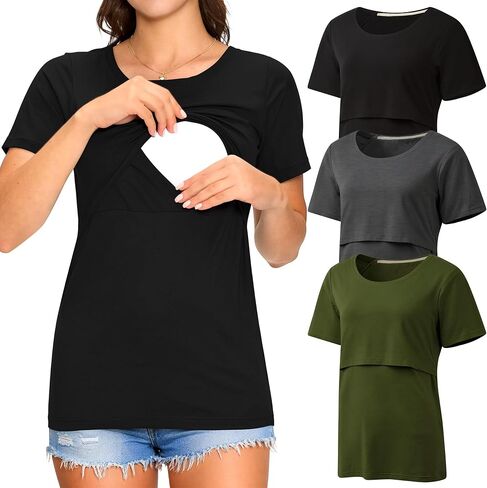 3 Pack Women's Nursing Tops, Breastfeeding Shirts Short Sleeve, Double Layer Maternity Clothes in Saudi Arabia