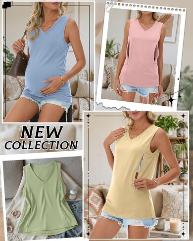 4 Pack Womens Nursing Tank Tops | Breastfeeding, Hidden Zipper, V Neck, Sleeveless, Loose, Maternity, Postpartum, Summer, Sleep, Workdays in Kuwait
