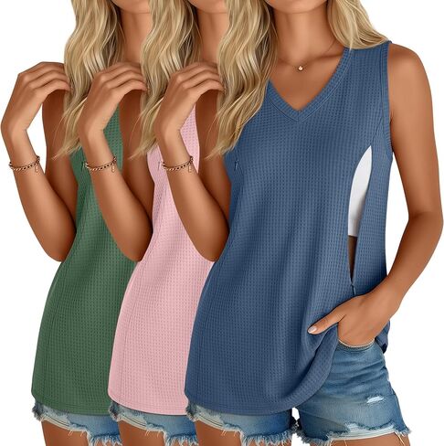 3 Pack Women's Nursing Tank Tops V Neck Sleeveless Waffle Zippers Breastfeeding Shirts Loose Summer Maternity Tops in Kuwait