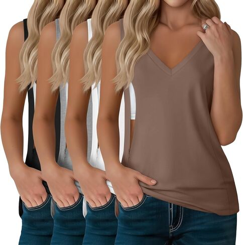 4 Pack Womens Nursing Tank Tops | Breastfeeding, Hidden Zipper, V Neck, Sleeveless, Loose, Maternity, Postpartum, Summer, Sleep, Workdays in Kuwait