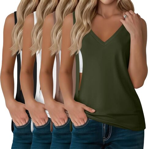 4 Pack Womens Nursing Tank Tops | Breastfeeding, Hidden Zipper, V Neck, Sleeveless, Loose, Maternity, Postpartum, Summer, Sleep, Workdays in Kuwait