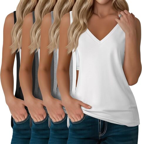 4 Pack Womens Nursing Tank Tops | Breastfeeding, Hidden Zipper, V Neck, Sleeveless, Loose, Maternity, Postpartum, Summer, Sleep, Workdays in Kuwait