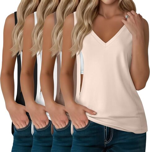 4 Pack Womens Nursing Tank Tops | Breastfeeding, Hidden Zipper, V Neck, Sleeveless, Loose, Maternity, Postpartum, Summer, Sleep, Workdays in Kuwait