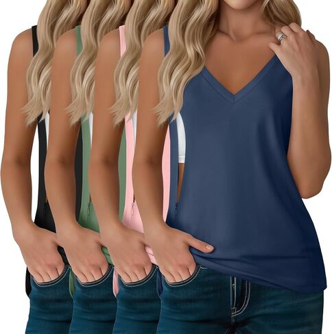 4 Pack Womens Nursing Tank Tops | Breastfeeding, Hidden Zipper, V Neck, Sleeveless, Loose, Maternity, Postpartum, Summer, Sleep, Workdays in Kuwait