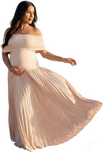 Cichic Women's Off Shoulder Maternity Maxi Dress, Pleated Flowy Gown for Photoshoot Baby Shower Wedding Beach, Nude/Beige in Saudi Arabia
