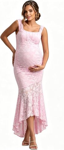 Pink Lace Maternity Midi Dress, Ruched Corset Mermaid Gown for Baby Shower, Cocktail Party, Photoshoot in Saudi Arabia