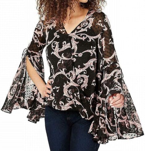 INC Womens Chiffon V-Neck Blouse Black L in Saudi Arabia