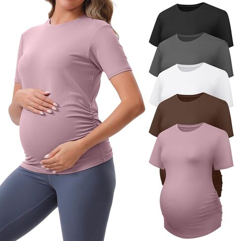 Women's Maternity Shirts Sleeve Casual Crew Neck Undershirts Athletic Moisture Wicking Side Ruched in Saudi Arabia