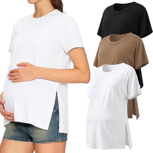3 Pack Women's Maternity Shirts, Crew Neck Maternity Top Side Split Pregnancy Clothes Short Sleeve in Saudi Arabia