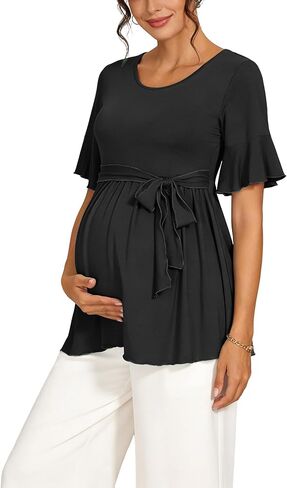 Women's Elegant Ruffle Short Sleeve Maternity Tops Self-Tie Waist Work Shirt Blouse Pregnancy Clothes in Kuwait