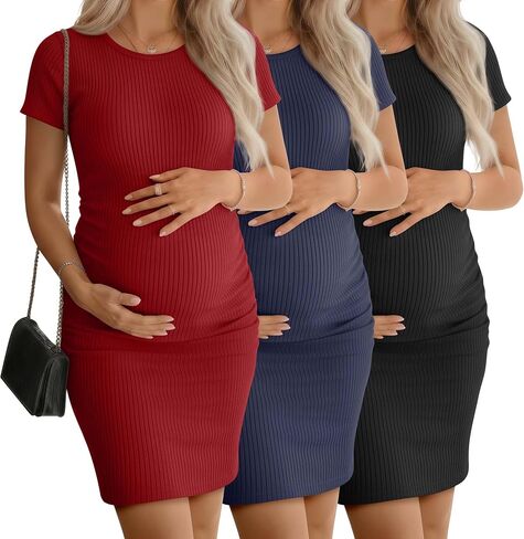 3 Pack Women's Maternity Dresses Cotton Ribbed Short Sleeve Pregnancy Dress Side Ruched Crew Neck for Summer Casual in Kuwait