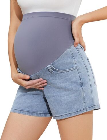 POSHGLAM Women's Maternity Jean Shorts Over Belly Summer Casual Stretch Comfy Denim Shorts in Saudi Arabia