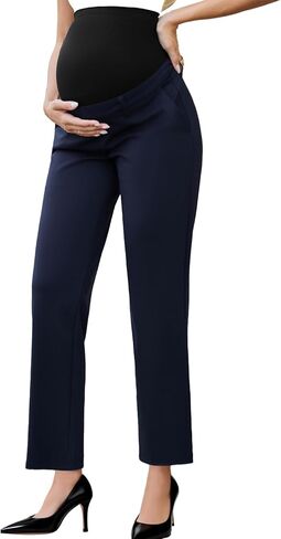 Ecavus Maternity Pants Over the Belly Seamless Stretch Work Pants Dual Length Pregnancy Office Dress Pants with Pockets in Kuwait
