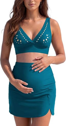 SHEKINI Women's 2 Piece Maternity Bikini Set Hollow-Out Swim Top with Pregnancy Skirt Bottom in Kuwait