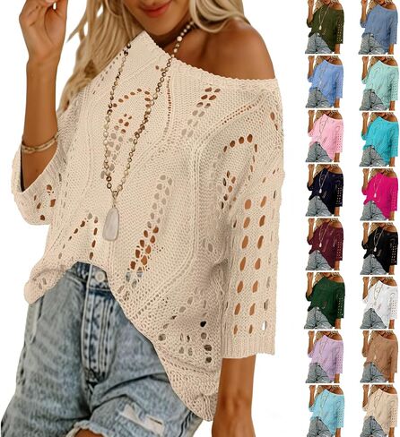 Crochet Cover Up Women Swimsuit Off Shoulder Cover Up Summer Bohemian 3/4 Length Sleeve Hollow Out Knit Crochet Sweaters in Kuwait