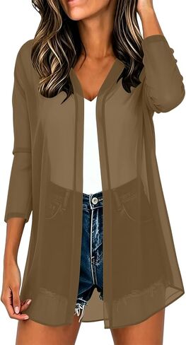 Women 3/4 Sleeve Open Front Chiffon Cardigan Lightweight Casual Sheer Kimono Cardigans Ladies Thin Swimsuit Coverups in Kuwait