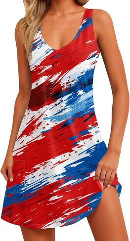 Womens July Fourth Dress Sexy Patriotic USA Flag Mini Tank Dresses Independence Day A Line Sundress with Pockets in Kuwait