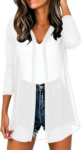 Women 3/4 Sleeve Open Front Chiffon Cardigan Lightweight Casual Sheer Kimono Cardigans Ladies Thin Swimsuit Coverups in Kuwait