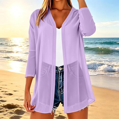 Women 3/4 Sleeve Open Front Chiffon Cardigan Lightweight Casual Sheer Kimono Cardigans Ladies Thin Swimsuit Coverups in Kuwait