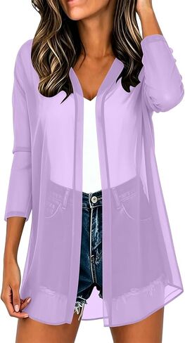 Women 3/4 Sleeve Open Front Chiffon Cardigan Lightweight Casual Sheer Kimono Cardigans Ladies Thin Swimsuit Coverups in Kuwait