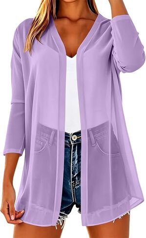 Women 3/4 Sleeve Open Front Chiffon Cardigan Lightweight Casual Sheer Kimono Cardigans Ladies Thin Swimsuit Coverups in Kuwait