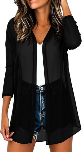 Women 3/4 Sleeve Open Front Chiffon Cardigan Lightweight Casual Sheer Kimono Cardigans Ladies Thin Swimsuit Coverups in Kuwait