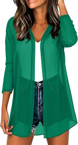 Women 3/4 Sleeve Open Front Chiffon Cardigan Lightweight Casual Sheer Kimono Cardigans Ladies Thin Swimsuit Coverups in Kuwait