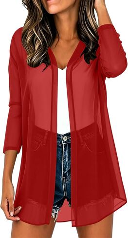 Women 3/4 Sleeve Open Front Chiffon Cardigan Lightweight Casual Sheer Kimono Cardigans Ladies Thin Swimsuit Coverups in Kuwait